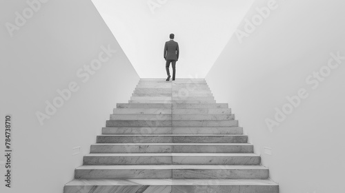 Ambitious businessman climbing stairs to meet incoming challenge and business opportunity. Career path to success