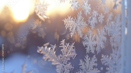 Close-up view of a frosted window with the sun shining in the background, creating a soft backlighting effect. photo