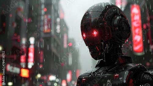 An awe-inspiring scene depicting a human and a massive robot in a rainy, neon-lit landscape, exuding a sense of mystery and futuristic solitude.