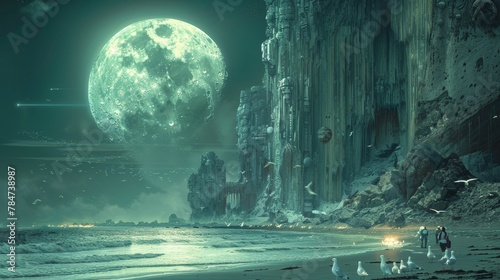 A stunning moonlit beach scene featuring two robots interacting under a gigantic full moon, alongside a group of seagulls near a high-tech, futuristic city. photo