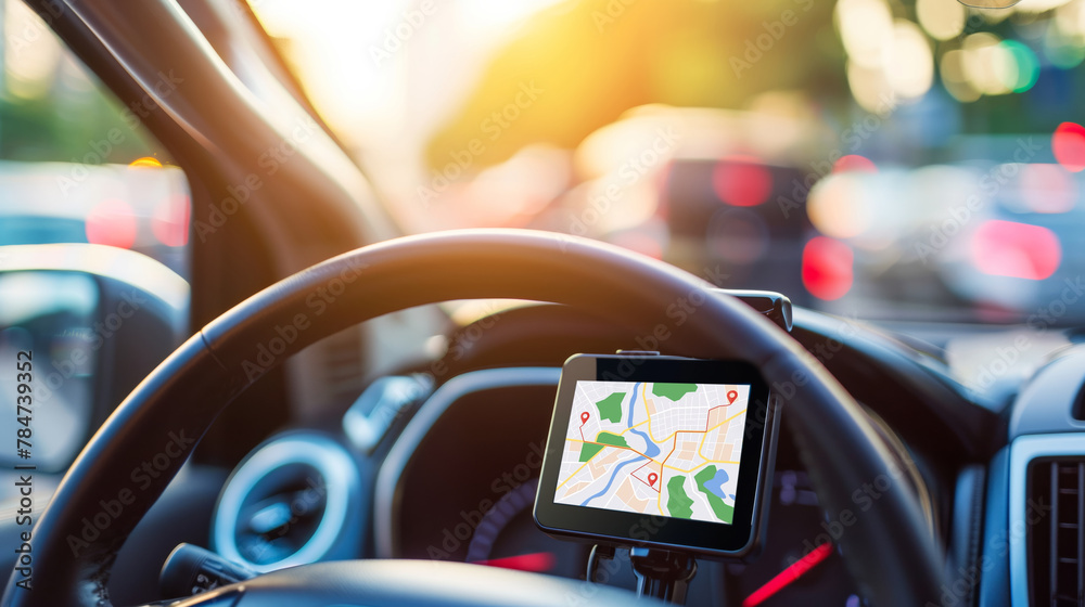 GPS navigator in the car, road view virtual car control concept GPS navigator in the car, road view virtual car control concept