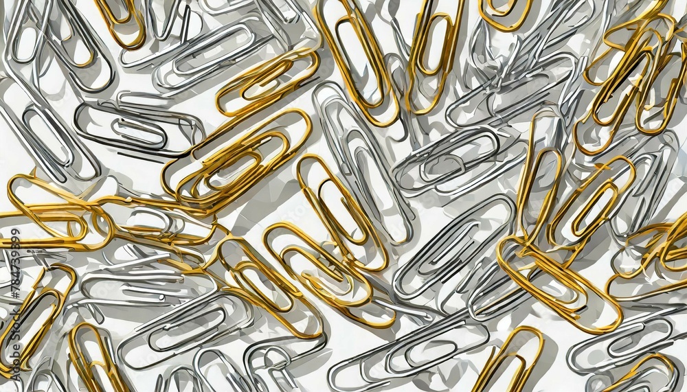 AI generated illustration of golden and silver paperclips on a white background