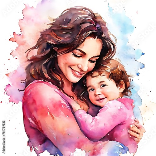 Watercolor painting of Mother with her child. Mother's day concept. 