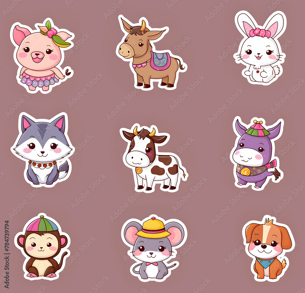 Fototapeta premium pattern, set of children's stickers of funny animals on a light green background