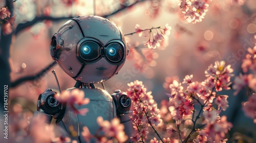 A lifelike robot with a large, detailed head admires the blooming cherry blossoms under a serene, sunlit sky in Yoyogi Park, Tokyo, merging nature with advanced technology. photo