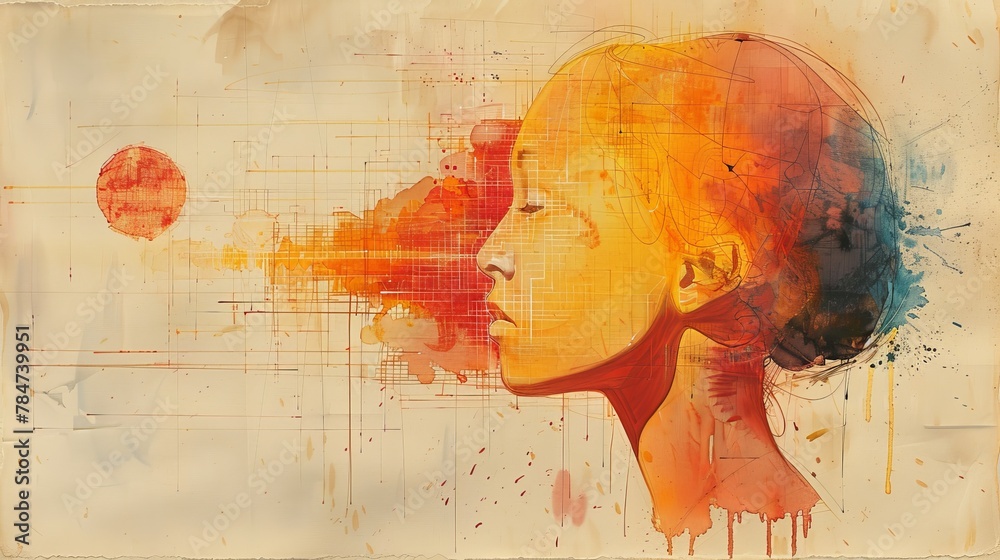 This image features a vibrant abstract portrait of a human head ...