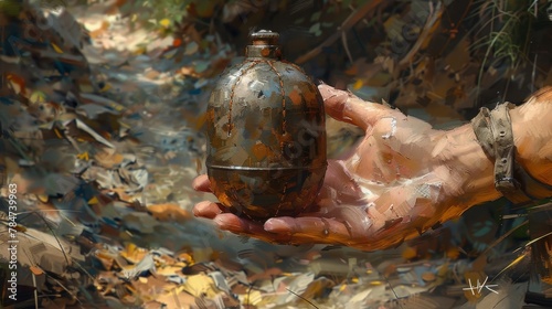 A realistic painting of a hand holding a vintage grenade, set against a blurred forest background filled with autumn leaves.