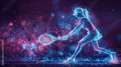 Digital art of a female tennis player in action, vibrant neon colors on dark background