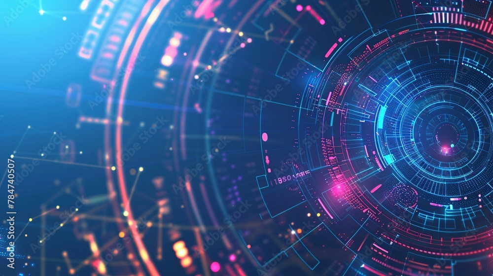 Abstract futuristic digital technology background with glowing blue circular energy patterns.