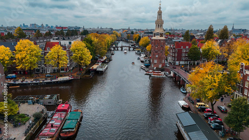Photography Aerial drone view Amsterdam autumn cityscape narrow old houses, canals, boats bi