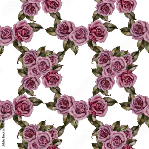 Fototapeta Naklejka Na Ścianę i Meble -  Seamless floral pattern of pink roses as watercolor illustration in vintage style for textile