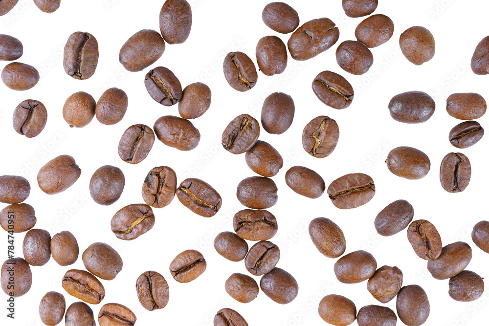 Naklejka premium Scattering of aromatic roasted arabica coffee beans close up, macro isolated on white, transparent background. Wallpaper, texture, background, top view.