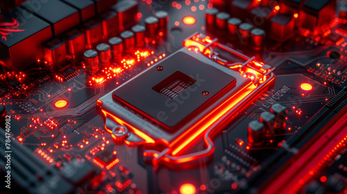 Close Up of Computer Motherboard With Red Lights