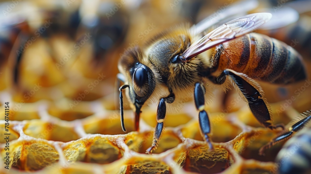 Bee Feeding on Honeycomb Close Up Bee Feeding on Honeycomb Close Up