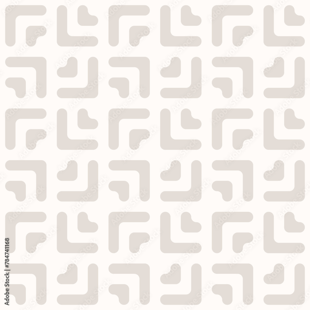 Subtle vector geometric seamless pattern with smooth lines, arrows, squares, triangles, grid. Modern abstract graphic ornament. Simple beige and white minimal background texture. Repeated geo design