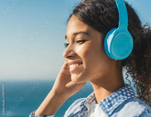 ofi girl wearing headphones, listening to music and chilling. photo