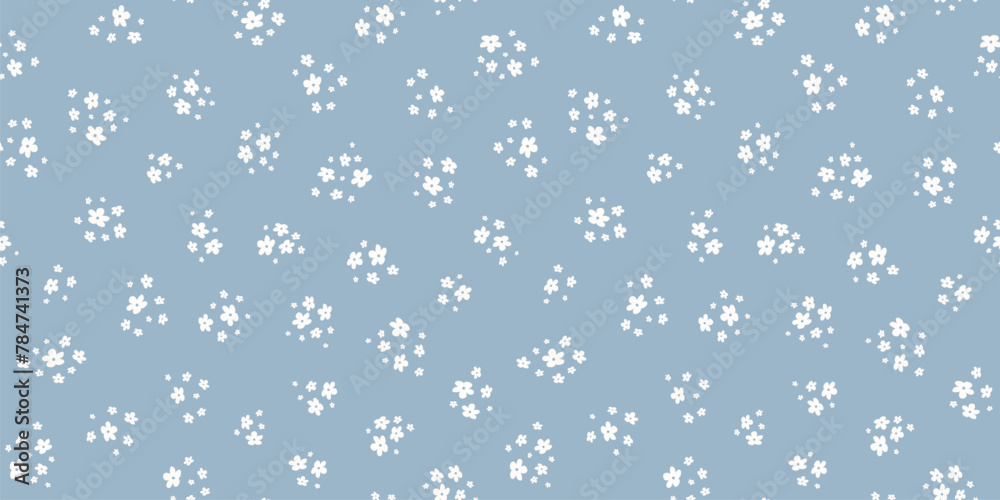 Subtle ditsy pattern. Simple vector blue and white seamless ornament with small flowers. Elegant abstract floral background. Minimalist texture. Repeated design for decor, fabric, wallpaper, print