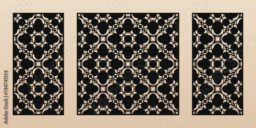 Laser cut pattern set. Vector design with elegant geometric texture, abstract floral grid, mesh. Islamic style ornament. Template for cnc cutting panels of wood, metal, paper. Aspect ratio 1:2, 1:1