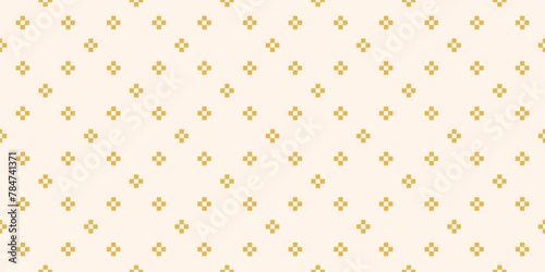 Vector minimalist geometric seamless pattern. Simple abstract ornament texture with small crosses, flower silhouettes, squares, dots. Yellow and white minimal background. Pixel art. Repeated design © Olgastocker