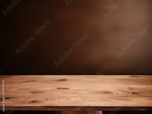 Abstract background with a dark beige wall and wooden table top for product presentation, wood floor, minimal concept, low key studio shot, high resolution photography 