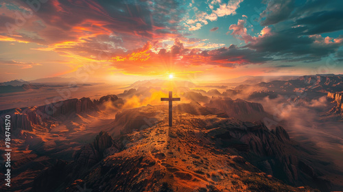 beautiful depiction of a cross on a hill with a vibrant sky in the background