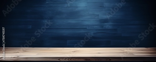 Abstract background with a dark blue wall and wooden table top for product presentation, wood floor, minimal concept, low key studio shot, high resolution photography 
