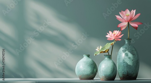 Three Green Vases With Pink Flowers