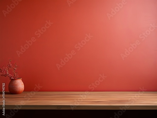 Abstract background with a dark coral wall and wooden table top for product presentation, wood floor, minimal concept, low key studio shot, high resolution photography 