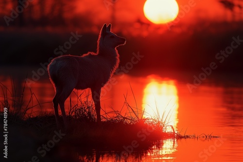 Against the background of the sunset  a roe deer stands by the lake  the evening sky is shrouded in golden and red shades  reflected in the quiet water