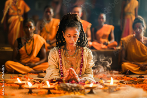 An Indian woman participates in a traditional spiritual ceremony surrounded by candles and incense, embodying serenity and devotion.