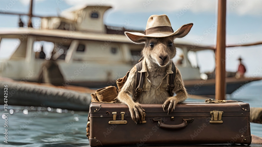 Portrait of a kangaroo with a suitcase on the background of ships - obrazy, fototapety, plakaty 