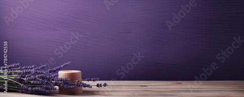 Abstract background with a dark lavender wall and wooden table top for product presentation, wood floor, minimal concept, low key studio shot, high resolution photography 