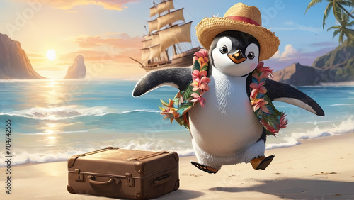 A penguin in a Hawaiian shirt with a straw hat on a sunny beach background photo