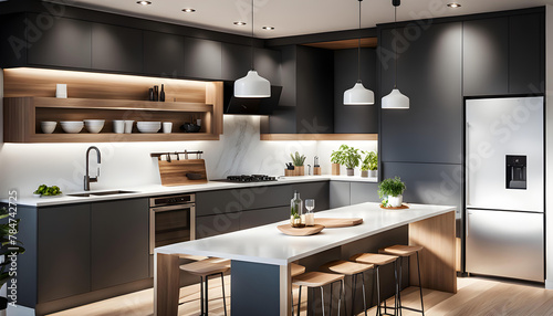 interior of a cozy and compact kitchen in a tiny house. The kitchen exudes modern elegance with clean lines, warm lighting and a minimalist color palette, creating a cozy atmosphere.