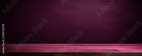 Abstract background with a dark maroon wall and wooden table top for product presentation, wood floor, minimal concept, low key studio shot, high resolution photography