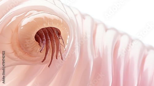 Macro view of a parasitic helminth with sensory tentacles. Intestinal parasite, parasitic worm. White background. Concept of medical research, parasite life cycle, parasitology, and infection photo