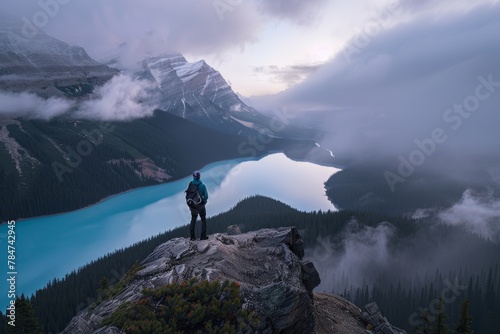Aerial View of a Hiker Overlooking Peyto Lake in the Canadian Rockies Generative AI