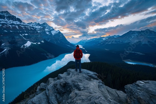 Tranquil Panorama: Hiker Gazing over Peyto Lake's Turquoise Splendor Generative AI