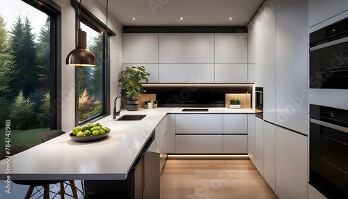 interior of a cozy and compact kitchen in a tiny house. The kitchen exudes modern elegance with clean lines  warm lighting and a minimalist color palette  creating a cozy atmosphere.