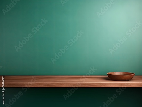 Abstract background with a dark mint green wall and wooden table top for product presentation  wood floor  minimal concept  low key studio shot  high resolution photography 