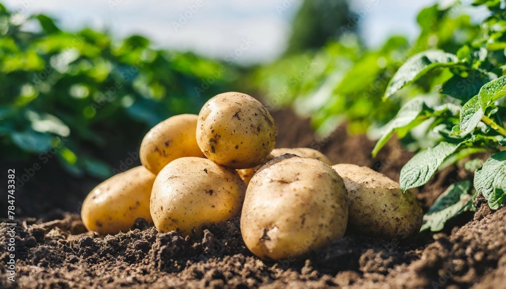 Close-up of potatoes on soil near bushesPotatoes in a garden. Close-up of potatoes on soil near bushesPotatoes in a garden.