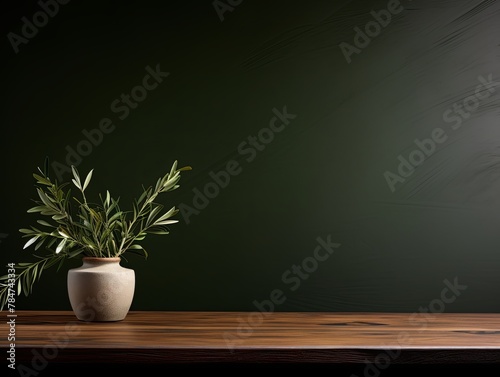 Abstract background with a dark olive wall and wooden table top for product presentation, wood floor, minimal concept, low key studio shot, high resolution photography 