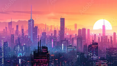 Futuristic cityscape with skyscrapers. Illuminated skyscrapers against twilight sky. Concept of urban development, city life, modern architecture, and metropolitan nightscapes. Digital Illustration