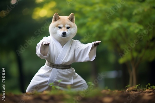 Karate Master Shiba Inu dressed in white practice uniform Showcasing Karate Skills in Forest. Dog practicing Martial Arts. Call for harmony, balance, spirituality and self-development. Humorous