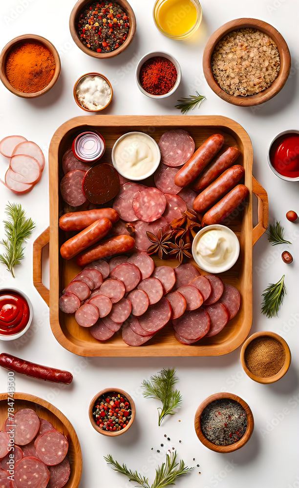 salami sausages, spices and meat products in a wooden tray, Free space for text, salami sausages, spices and meat products in a wooden tray, Free space for text,