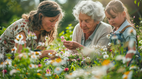 Grandma and her grandchildren are busy picking beautiful flowers in the garden