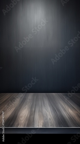 Abstract background with a dark silver wall and wooden table top for product presentation, wood floor, minimal concept, low key studio shot, high resolution photography 