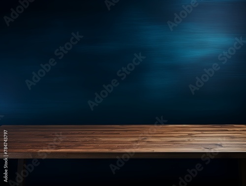Abstract background with a dark sky blue wall and wooden table top for product presentation, wood floor, minimal concept, low key studio shot, high resolution photography 