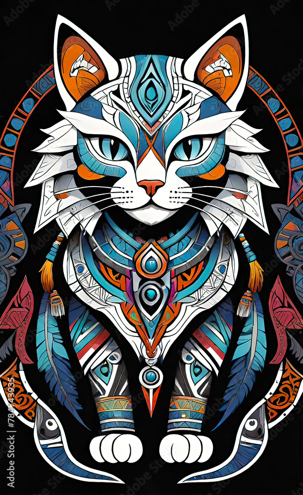 Obraz premium Fantasy vector image of a cat in ethnic patterns, backgrounds for smartphones, basis for printing and design