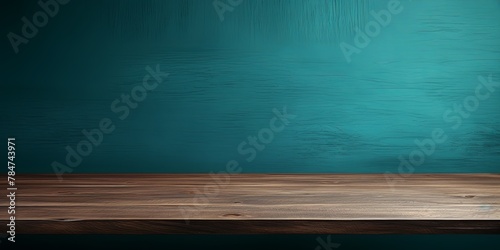 Abstract background with a dark turquoise wall and wooden table top for product presentation, wood floor, minimal concept, low key studio shot, high resolution photography 